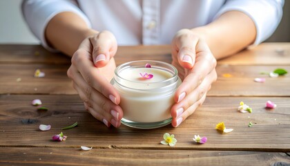 Woman holding skincare cream jar with flowers on wooden table