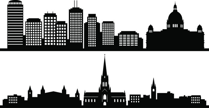 City skyline silhouette collection featuring modern and historic architecture, urban landscape vector illustration for design, decoration, travel artwork and projects