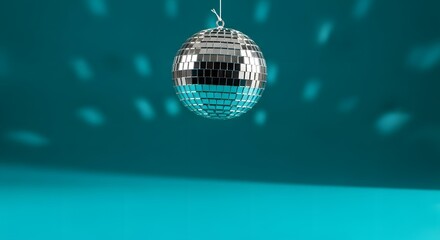 A shiny disco ball hangs against a teal background, casting a playful pattern of light and shadow, perfect for a party or dance event