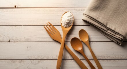 Overhead view of wooden kitchen utensils including spoons and a fork with flour on a rustic white wooden surface