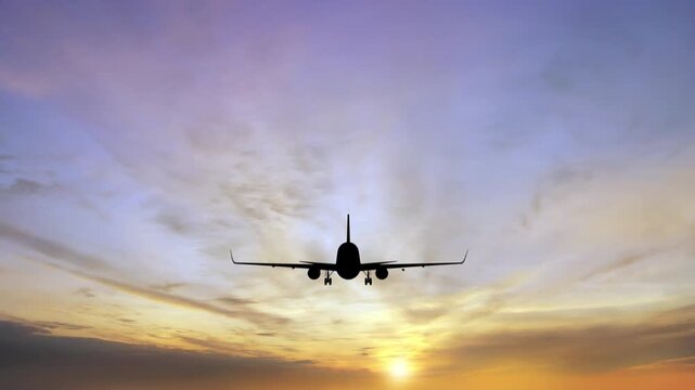 Passenger Airplane Taking Off Into A Beautiful Sunset.