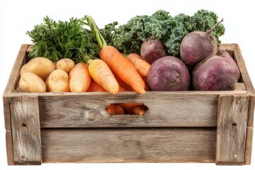 Freshly Harvested Vegetables in Wooden Crate Still Life Studio Shot Featuring Potatoes Carrots Beets and Kale for Healthy Eating