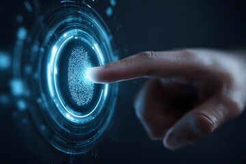Biometric security interface being triggered by human hand on glowing futuristic digital panel