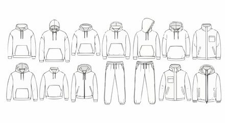 Collection of various hoodie and tracksuit designs in outline sketch. © Mei