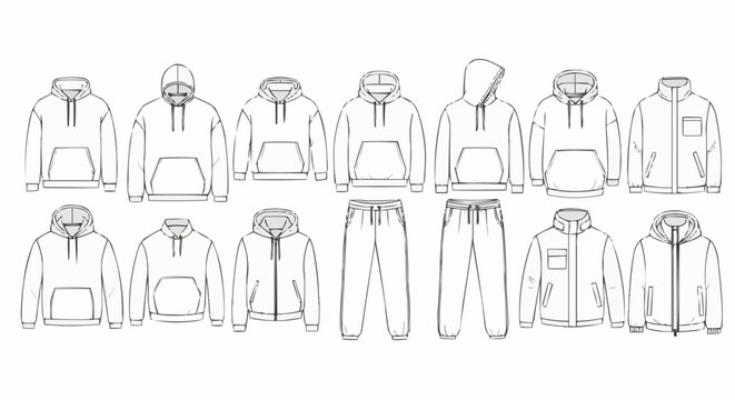 Collection of various hoodie and tracksuit designs in outline sketch.