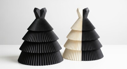 Two festive honeycomb paper christmas trees in black and white standing together on a white surface