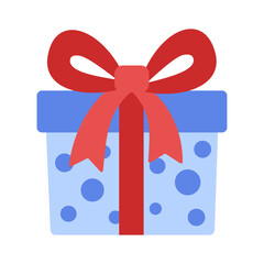 Gift light blue box with dark blue polka dots, tied with red bow. Colorful flat style vector illustration. Ideal for birthday, holiday, sticker, Christmas celebration graphics, festive design elements