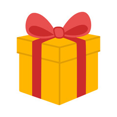 Gift yellow box decorative with bow on the top. Colorful flat style vector illustration. Ideal for birthday, holiday, stickers, or Christmas celebration graphics, and festive design elements.