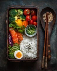 Overhead shot of a vibrant bento box with salmon rice vegetables and egg on a rustic background with chopsticks and spoon