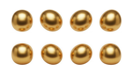 Eight shiny golden eggs arranged in two rows on a neutral surface isolated on transparent background