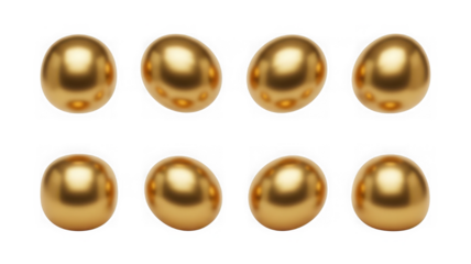 Eight shiny golden eggs arranged in two rows on a neutral surface isolated on transparent background