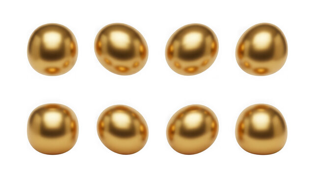 Eight shiny golden eggs arranged in two rows on a neutral surface isolated on transparent background