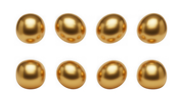 Eight shiny golden eggs arranged in two rows on a neutral surface isolated on transparent background