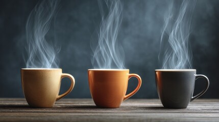 Fototapeta premium Three steaming coffee cups on rustic wood table in studio shot with dark background and wispy smoke