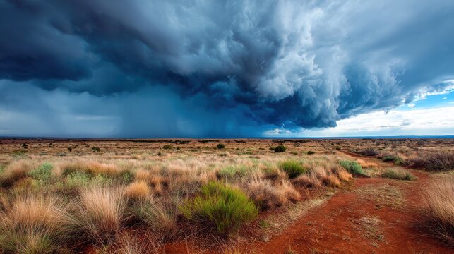Dramatic storm cloudscape over arid landscape, eye-level view of approaching rain, rural outback scenery, weather event
