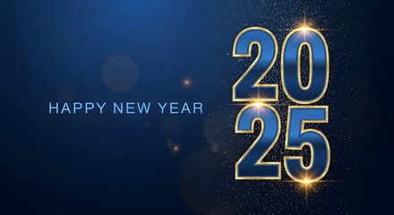 Happy new year 2025 banner with shiny blue and gold numbers on a dark blue background for a festive and celebratory mood