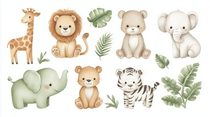 Fototapeta premium Cute Jungle Safari Baby Animals in Soft Watercolor Illustration