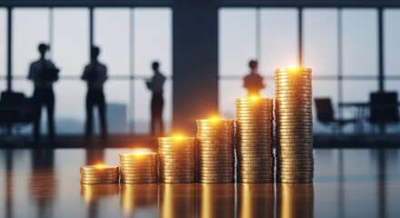 Golden coins stacked in ascending order symbolizing financial growth against a backdrop of silhouetted business professionals in a modern office
