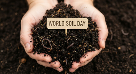 Hands holding rich dark soil with a world soil day sign and earthworms