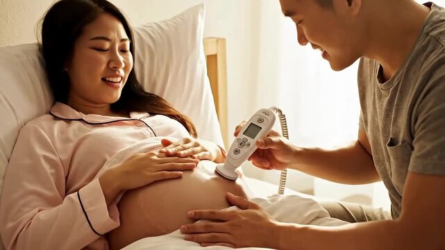Pregnancy doppler fetal heartbeat monitor check at home with husband for baby health and wellness on transparent background