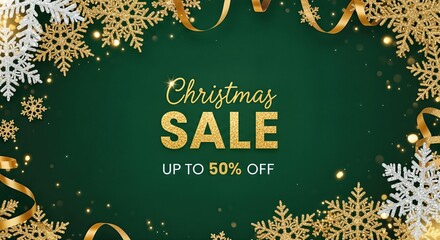 Festive Christmas sale announcement with golden text, snowflakes, and shimmering ribbons on a rich green background, promoting discounts for the holiday season and New Year celebrations