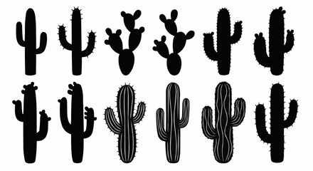 Collection of various cactus silhouettes in black and white.