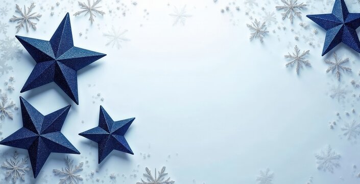 Christmas background with dark blue stars and silver snowflakes. Festive winter holiday flat lay with copy space for text