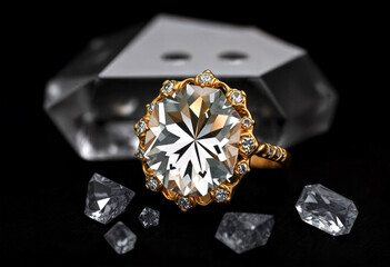 Vintage Gold Diamond Ring with Loose Gemstones on Dark Background