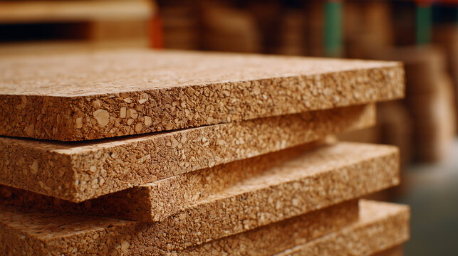 Close-up of stacked cork sheets showing natural porous texture, warm earthy tones, and subtle grain patterns, lit by soft diffused warehouse light.