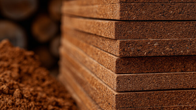 Macro detail shot of cork building sheets stacked tightly, showing sponge-like texture, earthy color gradients, and compressed grain with dramatic soft lighting.