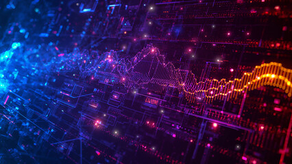 Digital Data Wave in Futuristic Blue and Red Hitech Background