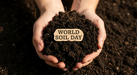 Hands holding rich dark soil with a wooden sign celebrating world soil day