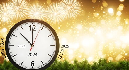 Countdown to 2024 new year celebration with clock striking midnight, fireworks, and bokeh lights, symbolizing hope and excitement for the upcoming year