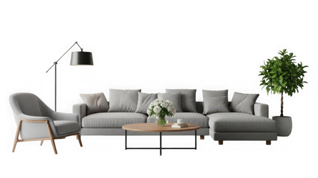 Modern minimalist living room furniture set, gray sofa, armchair isolated on transparent background - Powered by Adobe