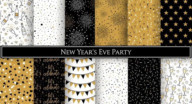 Festive new years eve party seamless pattern collection featuring confetti, stars, and celebratory elements in gold, black, and white for elegant backgrounds and designs