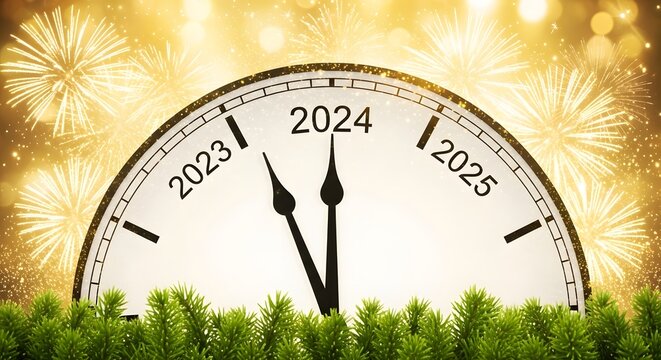 New years eve 2024 celebration background with clock striking midnight amidst fireworks and pine branches, symbolizing a fresh start and festive cheer