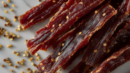 Overhead close-up of dried meat strips scattered aesthetically on white surface, highlighting grain, seasoning specks, and natural irregular shapes.