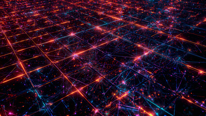 Abstract Network Grid with Glowing Red and Blue Lines on Dark Background