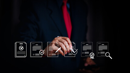 Businessman checking digital document list with stylus pen. Quality assurance, regulatory compliance and online approval concept with virtual checklist icons on technology background.