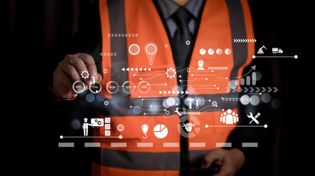 Engineering manager touching digital gear icon. Industrial innovation, construction planning and maintenance service concept with tools and logistic graph symbols on interface.