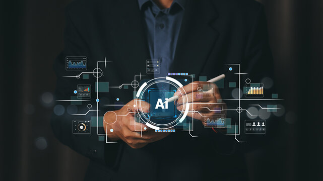 Businessman using smartphone with AI technology interface. Future digital data analysis and business strategy concept with virtual charts, network connection and modern growth graphs. - Powered by Adobe