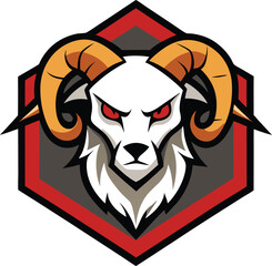 Fierce ram head emblem with red eyes isolated on white background