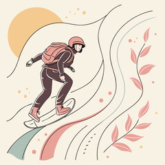 Snowboarder with backpack riding down a wavy slope under a stylized sun