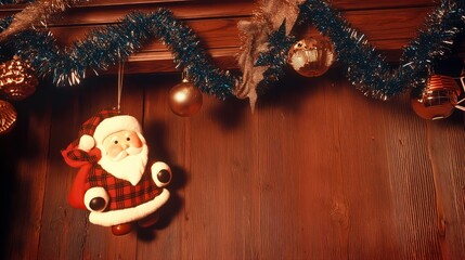 Santa Ornament Hanging on Wooden Wall with Garland