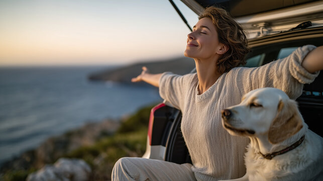 Cinematic scene of mindfulness on the road, a woman extending her arms in a slow stretch from the open car trunk, soft afternoon light casting golden tones, her dog resting calmly - Powered by Adobe