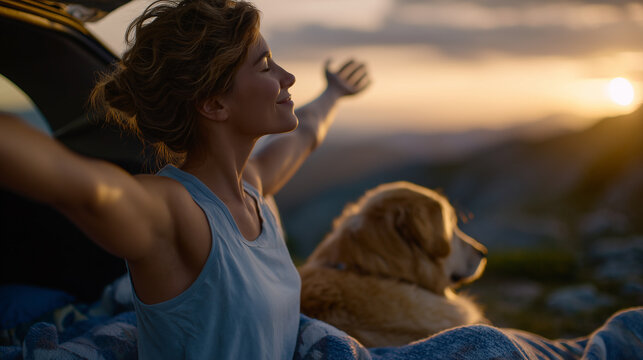 Cinematic scene of mindfulness on the road, a woman extending her arms in a slow stretch from the open car trunk, soft afternoon light casting golden tones, her dog resting calmly