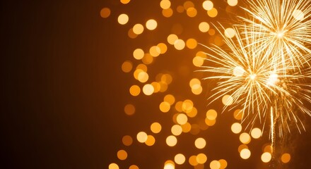 Golden fireworks exploding in the night sky with bokeh lights, creating a magical and festive atmosphere for celebrations and special occasions