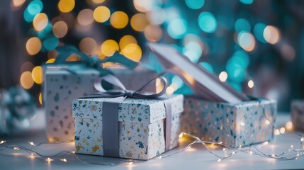 Christmas Gift Boxes with Warm Bokeh Lights