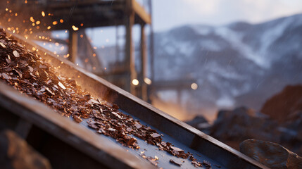 Close-up of crushed rare earth minerals on conveyor belts, illuminated by harsh industrial lighting, capturing dust particles, texture, and raw material movement.