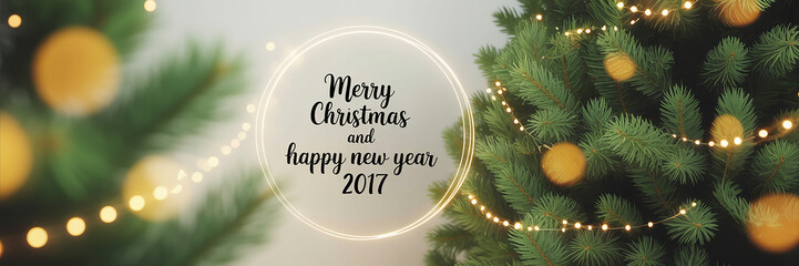 Festive Merry Christmas and Happy New Year 2017 greeting card background with sparkling fairy lights on a pine tree. Perfect for holiday marketing, invitations, and seasonal designs.